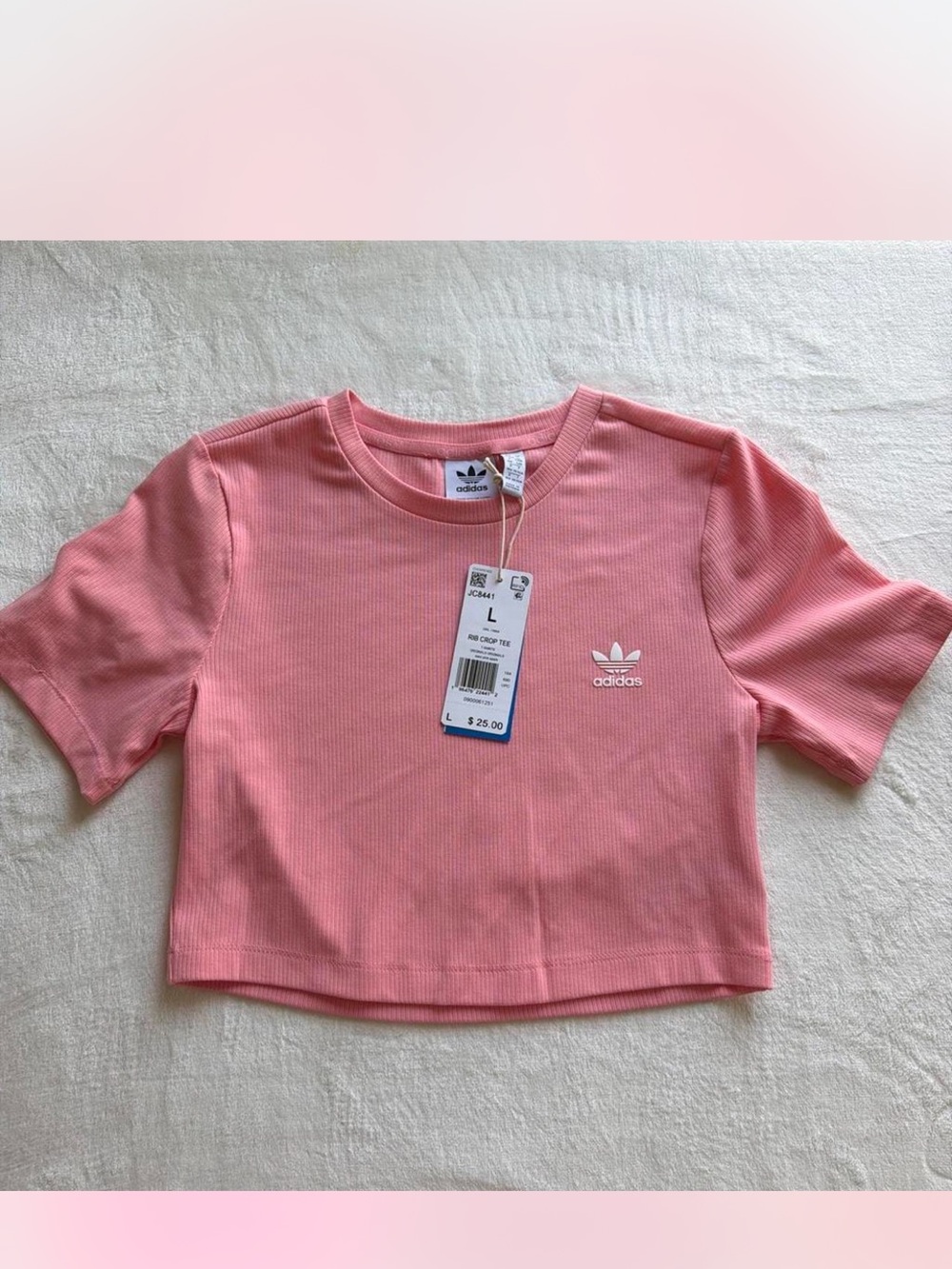 adidas Pink Ribbed Cropped Tee with Trefoil
